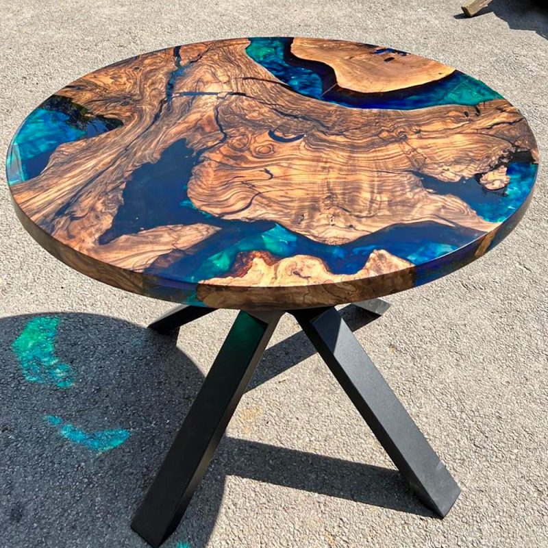 [OCM022] Circular Olive wood Metallic Epoxy Dining Table