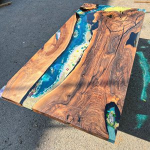 [OSB003] Square Olive wood Sandbeach Epoxy Dining Table