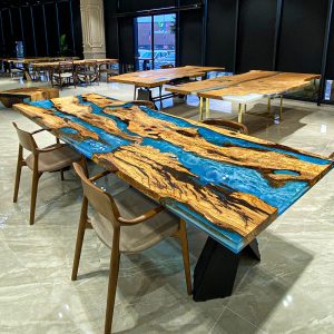 [OSO001] Square Olive wood Ocean & Wave Epoxy Dining Table