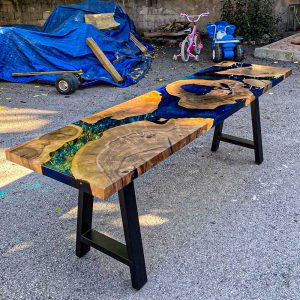 [OSO002] Square Olive wood Ocean & Wave Epoxy Dining Table