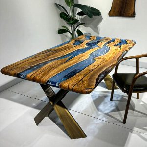 [OSO004] Square Olive wood Ocean & Wave Epoxy Dining Table