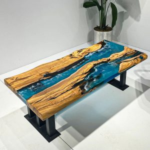 [OSO005] Square Olive wood Ocean & Wave Epoxy Dining Table