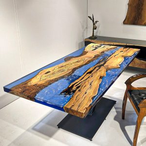 [OSO006] Square Olive wood Ocean & Wave Epoxy Dining Table