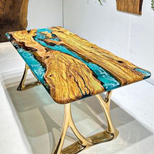 [OSO007] Square Olive wood Ocean & Wave Epoxy Dining Table