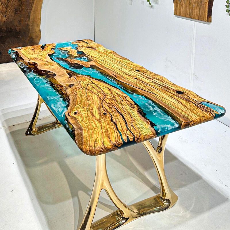 [OSO007] Square Olive wood Ocean & Wave Epoxy Dining Table