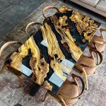 [OSO010] Square Olive wood Ocean & Wave Epoxy Dining Table