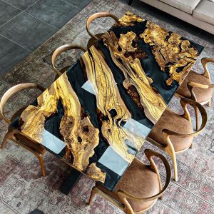 [OSO010] Square Olive wood Ocean & Wave Epoxy Dining Table