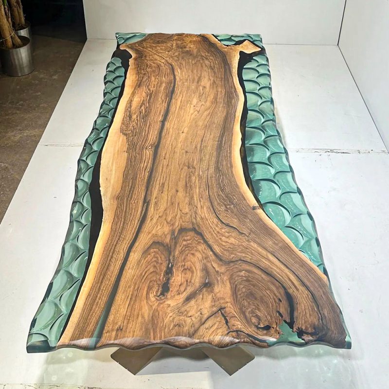 [OSR007] Square Olive wood Ripple Epoxy Dining Table