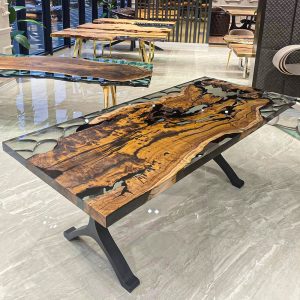 [OSR008] Square Olive wood Ripple Epoxy Dining Table