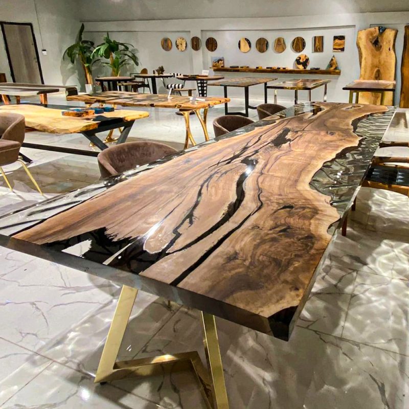 [OSR009] Square Olive wood Ripple Epoxy Dining Table