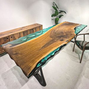 [OSR011] Square Olive wood Ripple Epoxy Dining Table