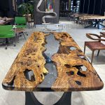 [OST004] Square Olive wood Transparent Epoxy Dining Table