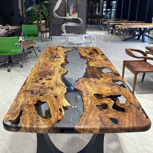 [OST004] Square Olive wood Transparent Epoxy Dining Table