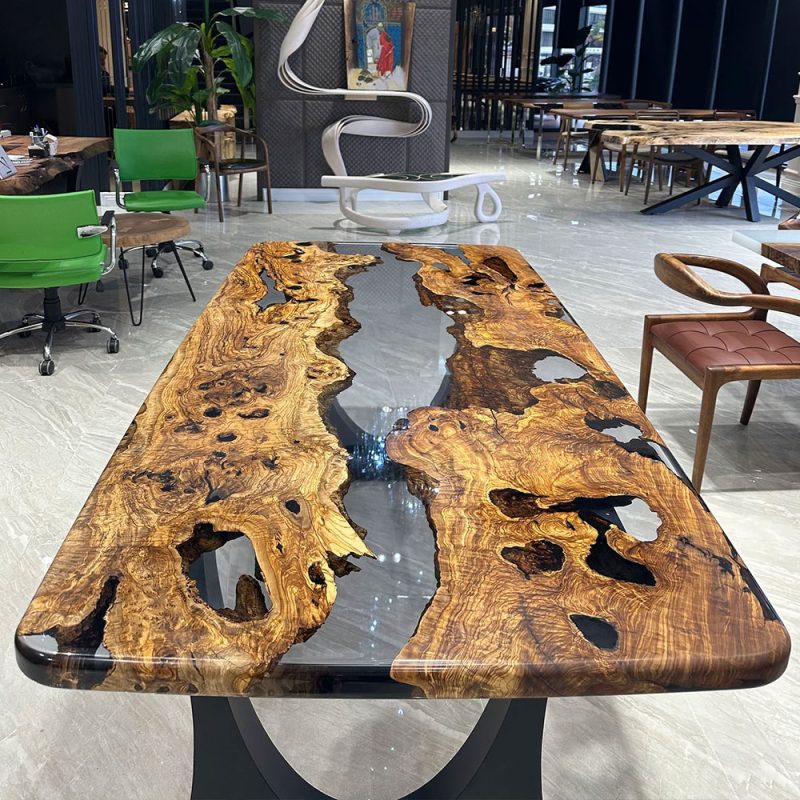 [OST004] Square Olive wood Transparent Epoxy Dining Table