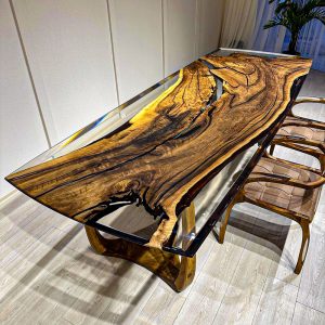 [OST006] Square Olive wood Transparent Epoxy Dining Table