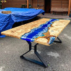 [PSO030] Square Poplar wood Ocean & Wave Epoxy Table