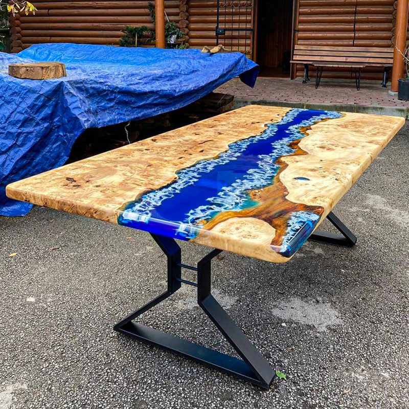 [PSO030] Square Poplar wood Ocean & Wave Epoxy Table