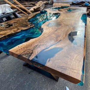 [OSM029] Olive wood Square Metallic Epoxy Table