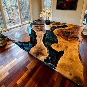 [OSM034] Olive wood Square Metallic Epoxy Table